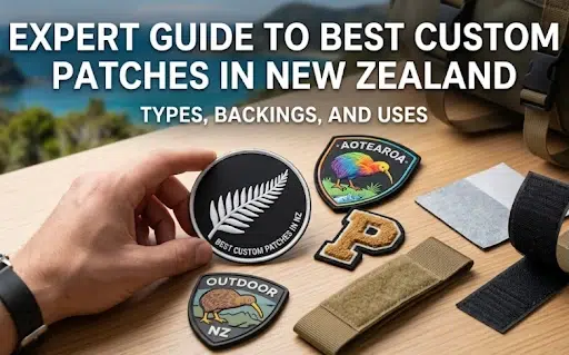 A man holding a custom patch with NZ theme while other patches are placed over a table.