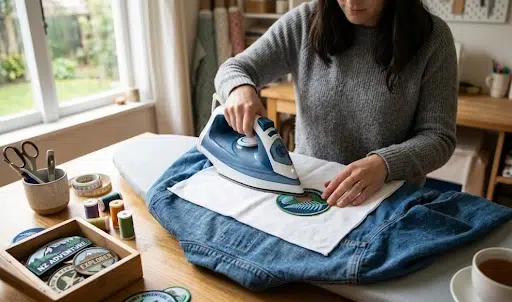 Person demonstrating how to iron on patch on jacket back
