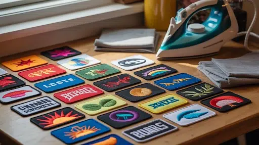A table with a collection of iron-on patches and an iron.