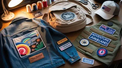 A jacket, a bag, a cap and a vest placed on a table, with different patches attached to them.