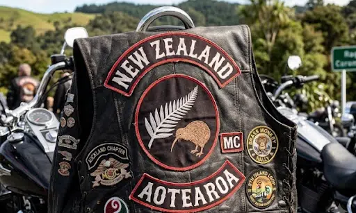 Bikers wearing biker-vests with motorcycle patches NZ.
