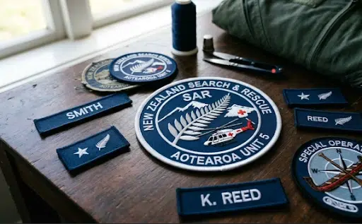 Custom NZ research and rescue uniform patches with name tags placed on a dark wooden table.