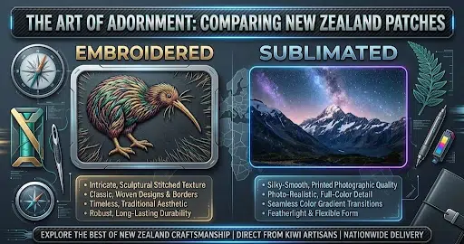 Comparison graphic showing New Zealand embroidered kiwi patch and sublimated mountain patch with design specs.